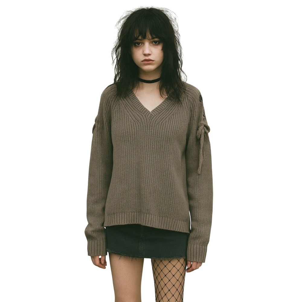Umgee Chunky Knit Sweater Women's Medium Mineral Wash Lace-Up Shoulder Grunge